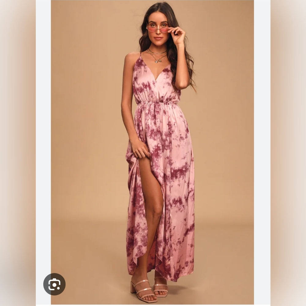 Lulus sunset cruise blush and magenta tie dye satin maxi dress, size small